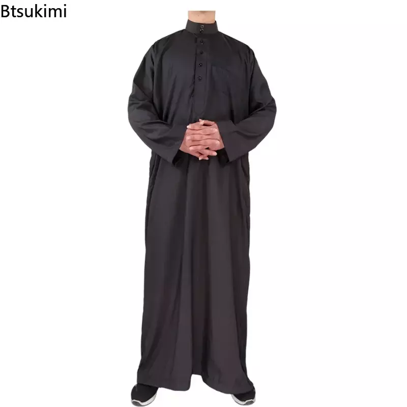 2024 pakaian Pria Timur Tengah mode Muslim abaya pria warna Solid jubah Pakistan Kaftan Arab Islami Jubba Thobe Musulman Homme
