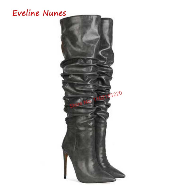 Bottes à Stiletto plissées brunes pour femmes, chaussures solides au-dessus du genou et à bout pointu, à la mode, grande taille, nouvelle collection 2022, livraison gratuite