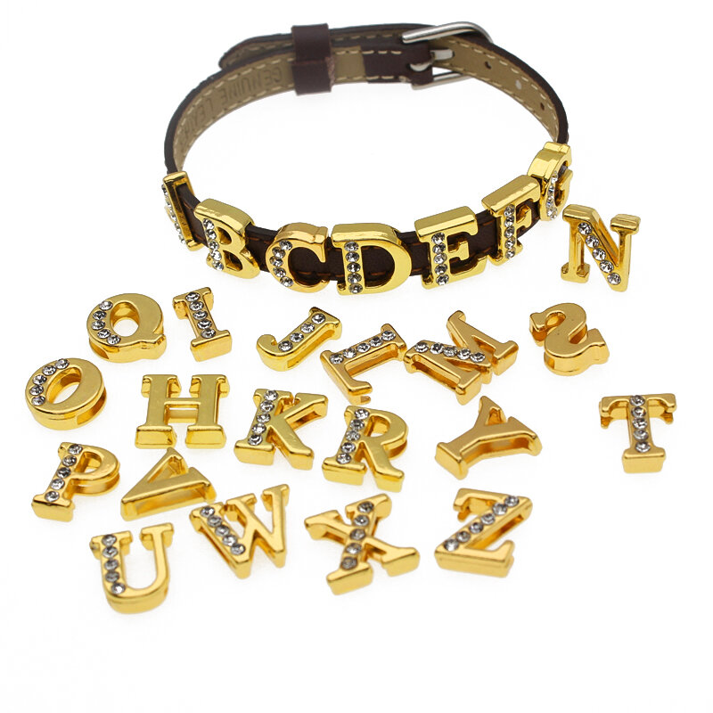 8mm Slide Letters Charms Alphabet Alloy Rhinestone Fit Wristband Bracelet Collar Key Chain DIY Jewelry Making Women Kids Gift