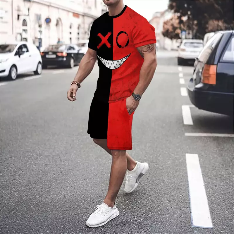Monograma Smiley 3D masculino impresso camiseta de manga curta e shorts, roupa esportiva de basquete, gola redonda