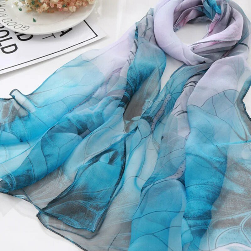 Sciarpa di seta da donna scialle stampa femminile sciarpe lunghe di seta avvolge scialli morbidi copricostume lungo da spiaggia protezione solare Hijab