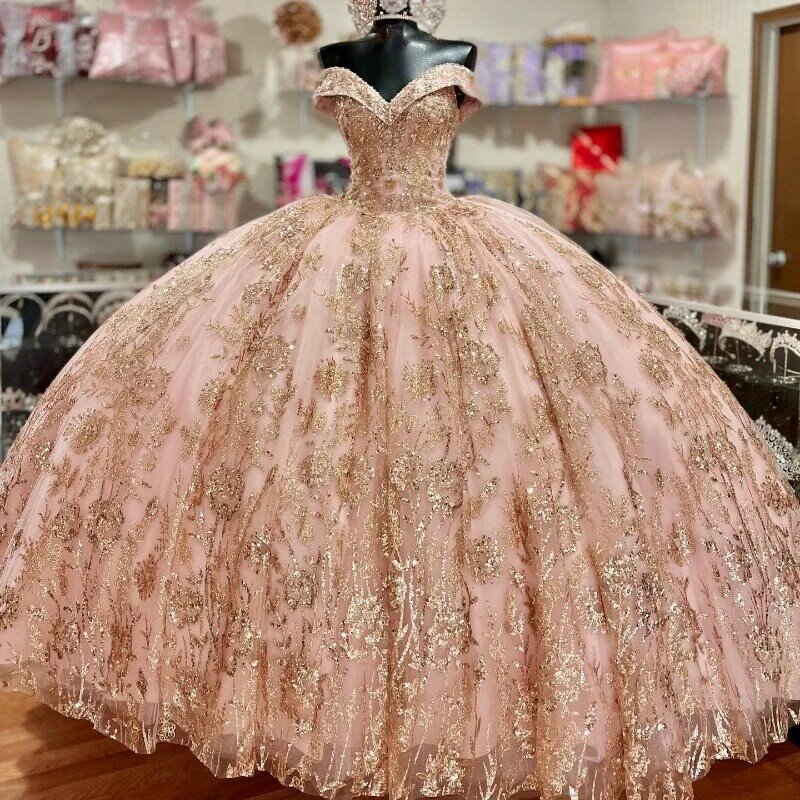 Rose Pink Prinzessin Quince anera Kleider von der Schulter Ballkleid 2024 süße 16 Kleid Perlen Gold Applikationen Spitze 15. Party kleid