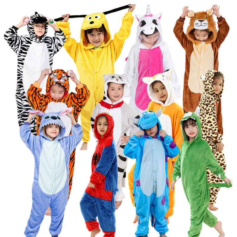 KLAR LAGER Tiger Einhorn Dinosaurier Giraffee Kuh Kinder Cartoon Kigurumi Kinder Onesie Pyjamas Karneval Kostüm Homewear