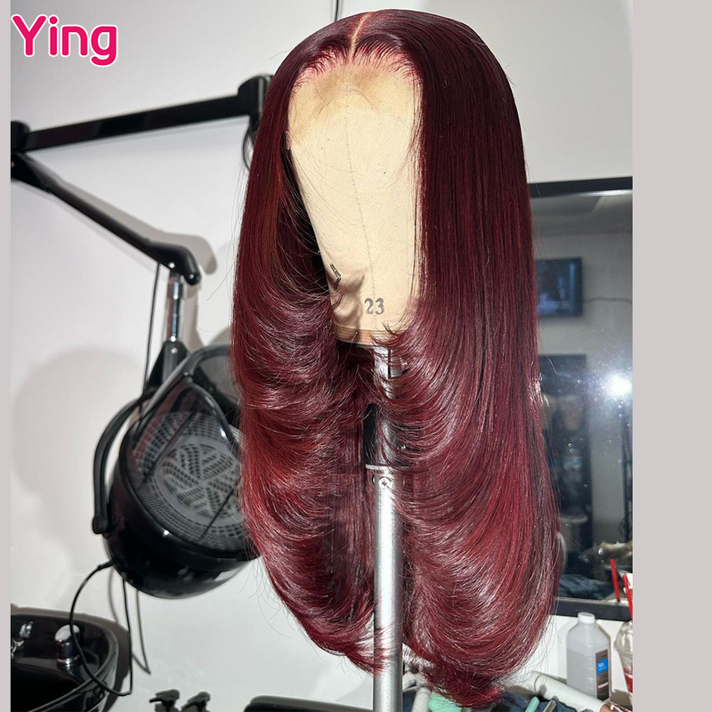 Ying Hair-Peluca de cabello humano liso de 13x6, postizo de encaje frontal, color borgoña oscuro, predesplumado, transparente, 5x5