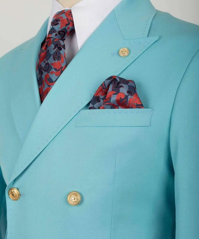Conjunto de ternos Tiffany azul masculino, smoking de casamento do noivo, casaco trespassado duplo, jaqueta e calças personalizadas, blazer e calças, calças de algodão, 2 PCs