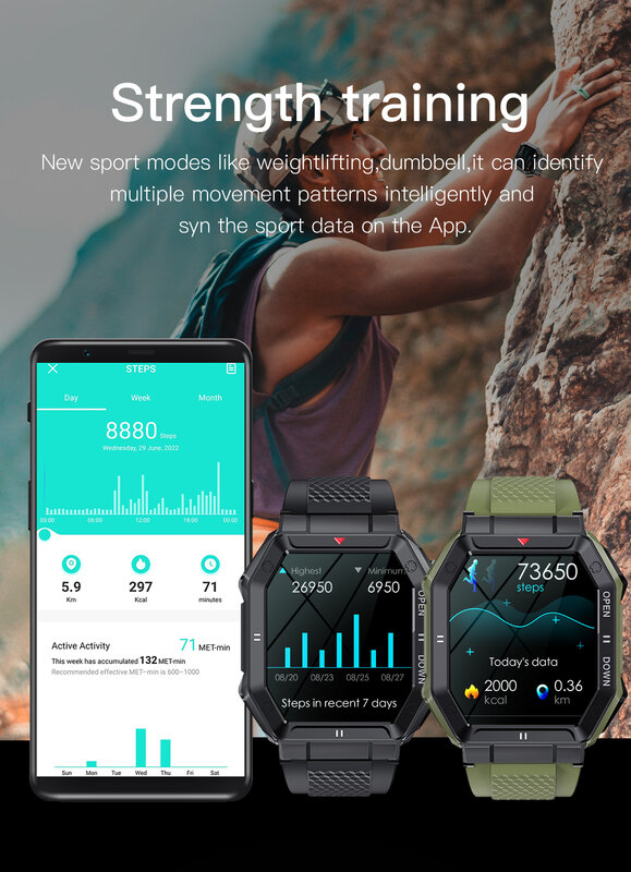 Canmixs k55 militärische Smartwatch Männer 1,85 Zoll 350 Bluetooth-Anruf mah 24h gesunder Monitor Outdoor IP68 wasserdichte Smartwatch