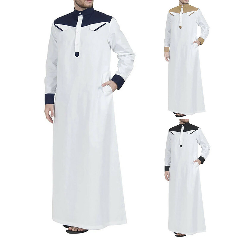 Men'S Patchwork Robe Classic Fashion Trend Saudi Arabic Long Sleeve Robe Ramadan Muslim Dress Middle Islamic Clothing