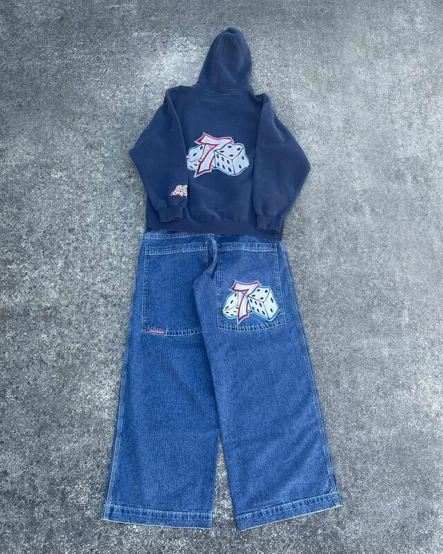 Harajuku JNCO Y2K Embroidered Baggy Jeans Hoodies Two piece set vintage streetwear tracksuit men wide leg jeans mens clothes