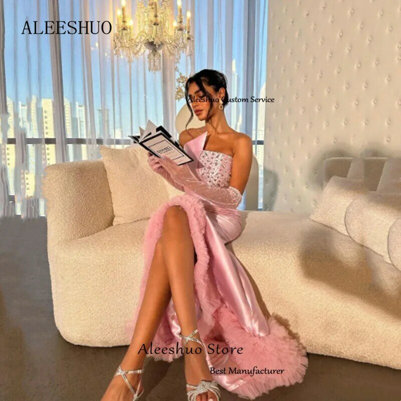 Aleeshuo Exquisite Sleeveless Prom Dress Pleated Satin Crystal Evening Dress Sexy Ladies Floor-Length Wedding Party Dress Gowns