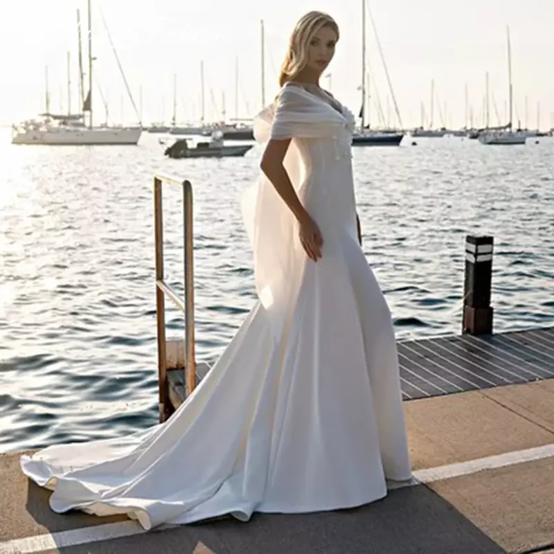 Romantic Mermaid Elegant white satin V-neck Italian shoulder with halter detachable bow wedding proposal bridal gown