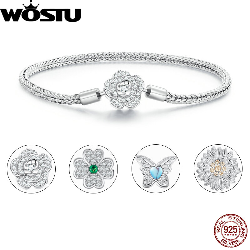 WOSTU 925 Sterling Silver Spring Flower Bracelet Basic Chain with Rose Clover Charm Fine Jewelry For Women Mother DIY Gift