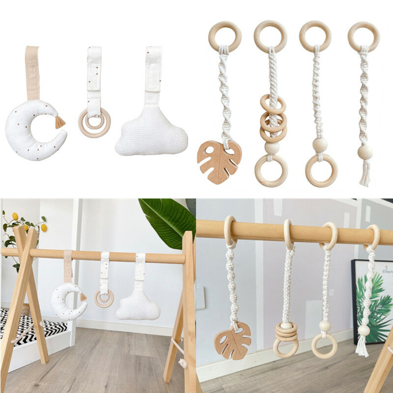 1Set Wooden Baby Play Gym Frame Pendants Cotton Thread Newborn Fitness Rack Hanging Toy Stroller Activity Rattle Baby Room Decor