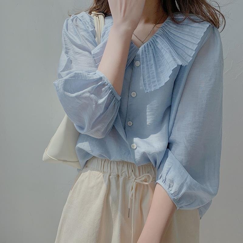QWEEK eleganckie słodkie bluzki z krótkim rękawem kobieta ponadgabarytowa młodzieńcza koszula z kołnierzykiem Piotruś Pan letnia koreańska Casual Chic estetyczna