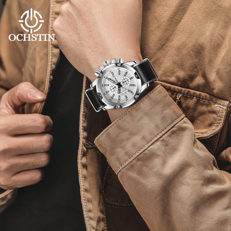OCHSTIN jam tangan pria, arloji seri nilon kreatif model tren kepribadian, jam tangan multifungsi gerakan kuarsa 2024