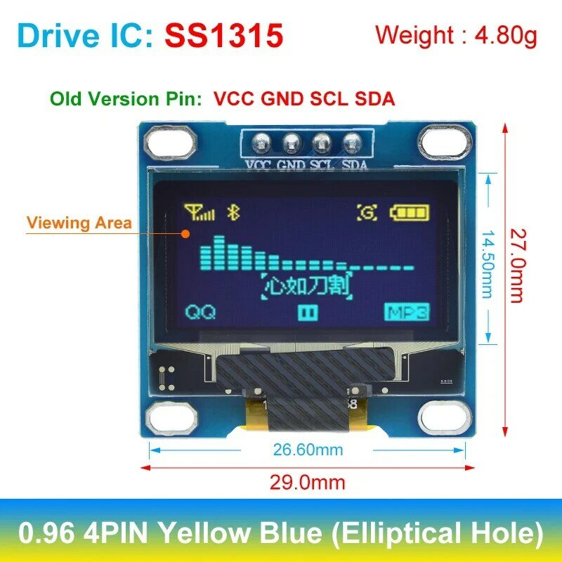 TZT-OLED Módulo de exibição para arduino, placa de tela LCD, 0, 96 Polegada IIC Serial, 4Pin, branco, azul, amarelo, 128x64, 12864