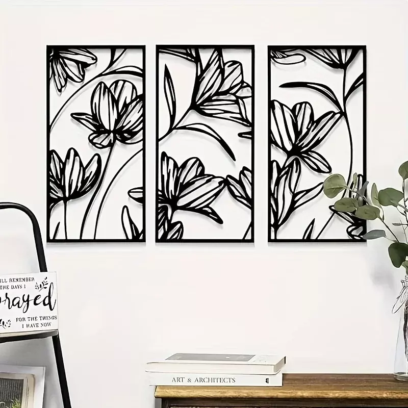Art mural de fleurs abstraites en métal noir, ligne moderne, décoration murale minimaliste pour la maison, 3 pièces, 12 pièces