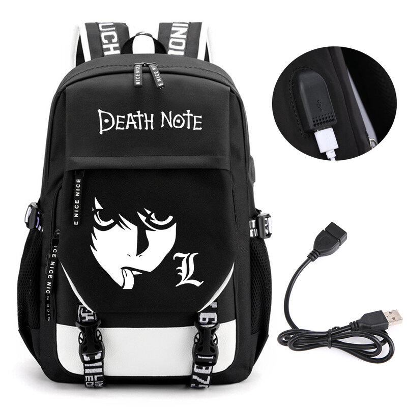 Anime Death Note Mochila para meninos e meninas, Sacos de livros escolares, Porta USB de viagem, Saco do portátil, Presente