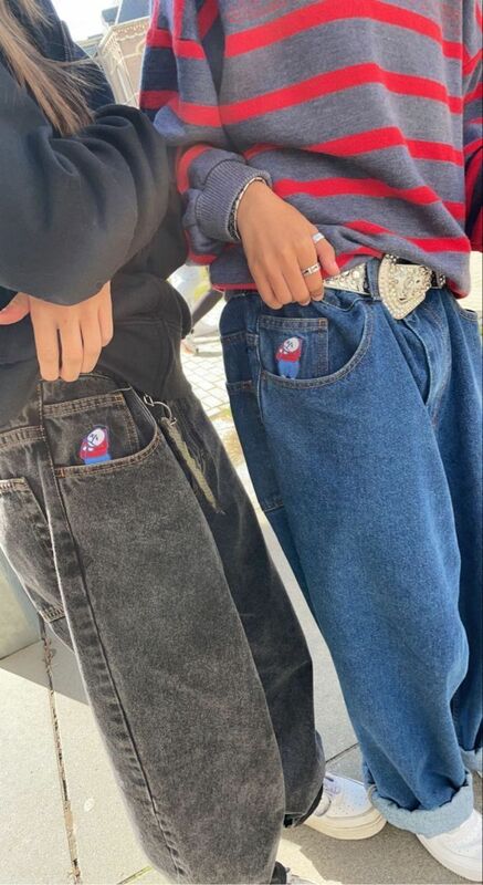 Hip Hop deskorolka Streetwear duży chłopiec haft Jeans wzór Y2K niebieskie w stylu Retro luźne pary modna koszykarska spodnie odzież