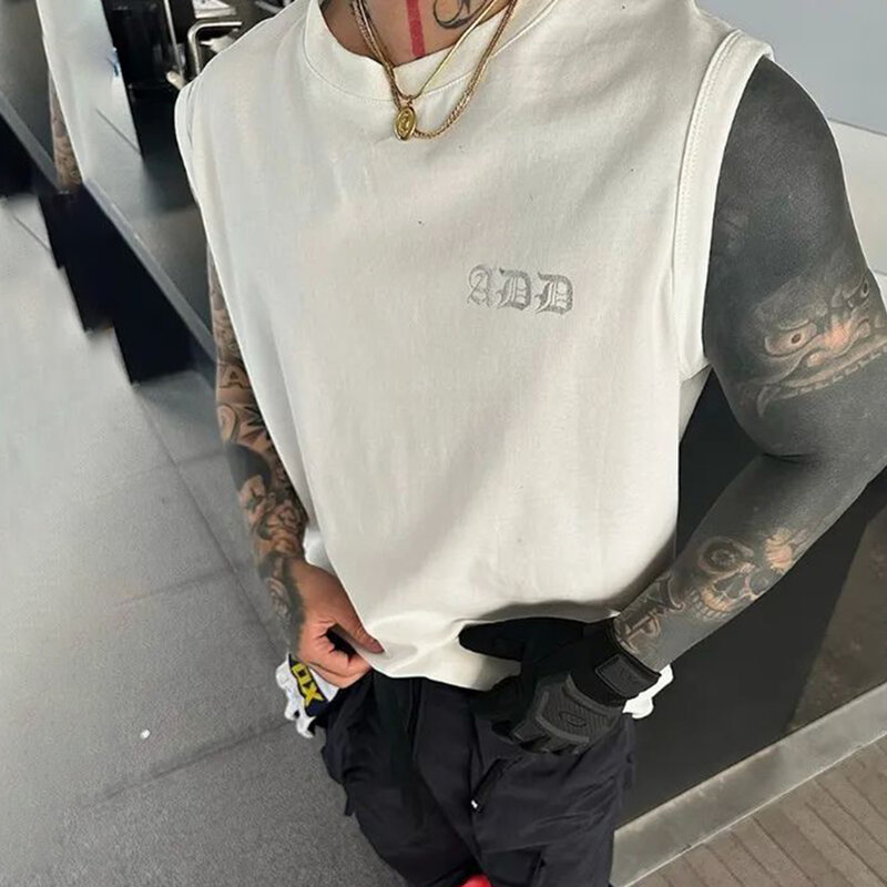 2023 Summer New Cotton Men's T-shirt American Street Hip-hop Letter Print Chicano Tatoo Embroidery Breathable Large Size Vest