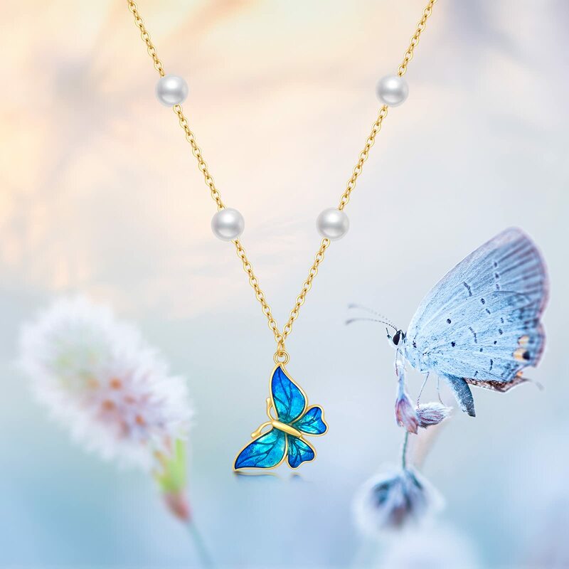 Женское Ожерелье с жемчугом и бабочкой из настоящего золота 14 к