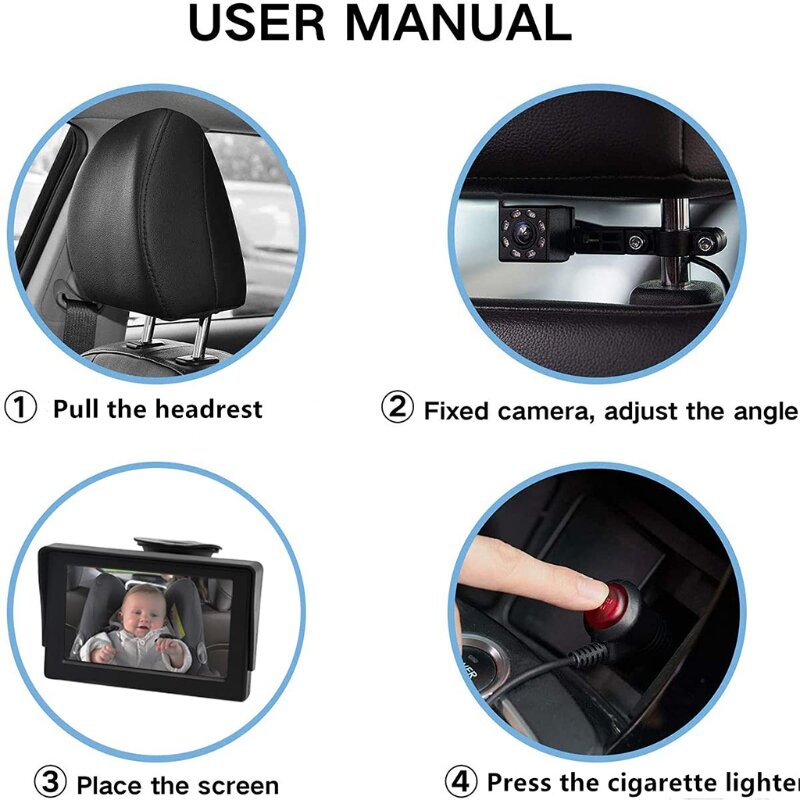 سيارة أطفال مقاس 4.3 بوصة لمقعد مرآة مقبس USB ظهر آمن للرضع لمراقبة المقعد مع كاميرا ليلية للرؤية 140 درجة