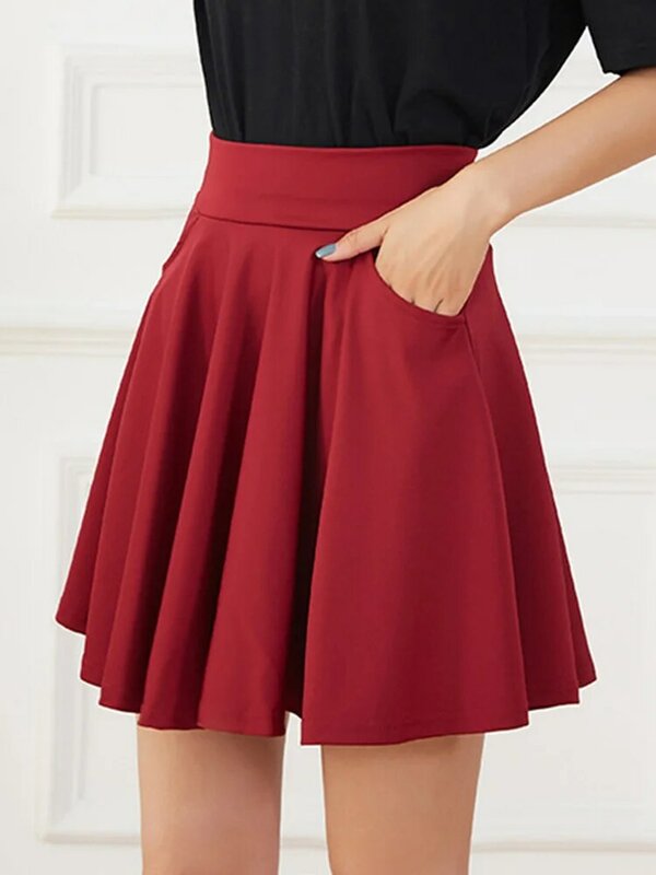 Minifaldas de cintura alta para mujer, faldas plisadas con bolsillos, estilo Harajuku, elásticas, color liso, negro, blanco, rojo, Corea, tenis, baile, Verano