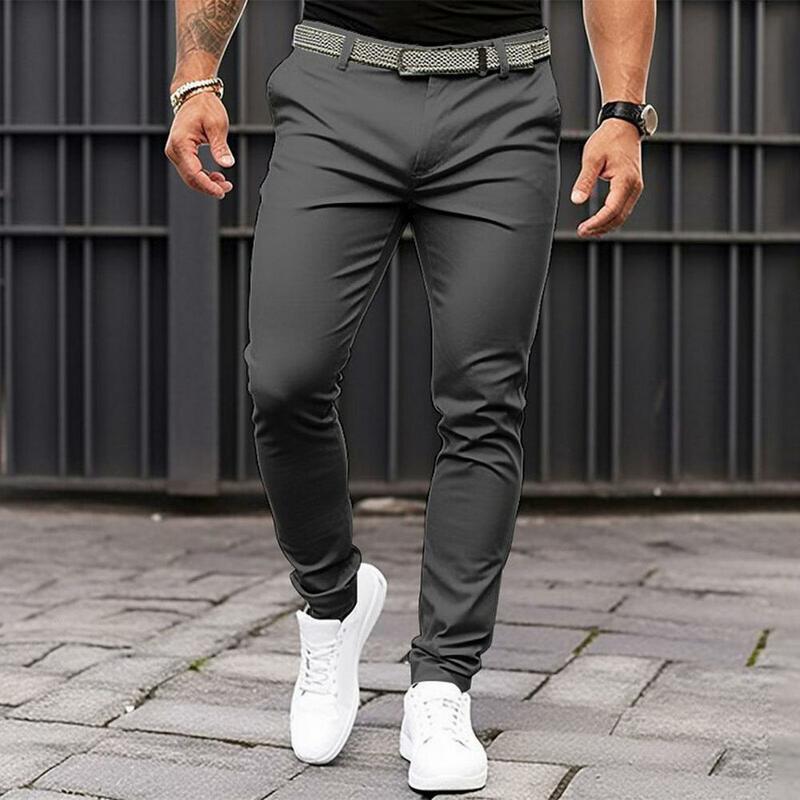 Calças de terno slim fit cor sólida masculina, bolsos inclinados de origem média, calças com zíper, vestuário de escritório empresarial