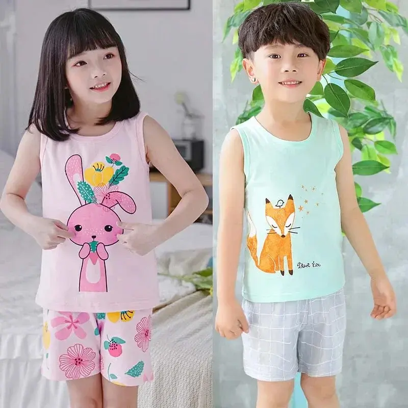 NEW 2024 Boy Girl Summer Sleeveless Cotton Vest Pajamas Sets Girls Pajamas Summer Pajama Girl Toddler Sleepwear for 1 to 8 Years