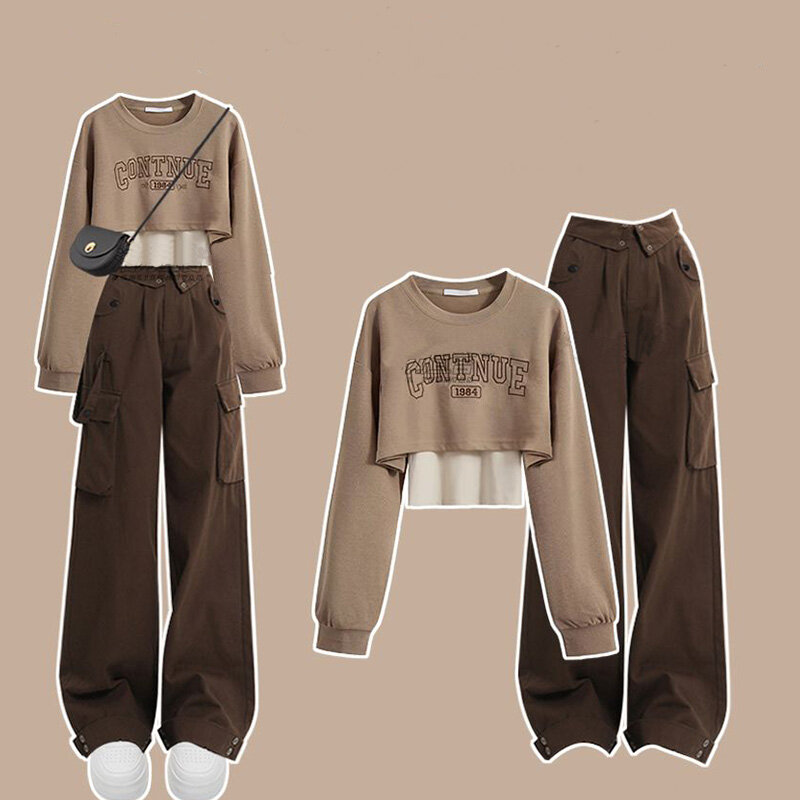 Conjunto de ropa de otoño para mujer, Top de cuello redondo con correa colgante, pantalones de trabajo, conjunto de tres piezas, edición coreana, novedad de 2023