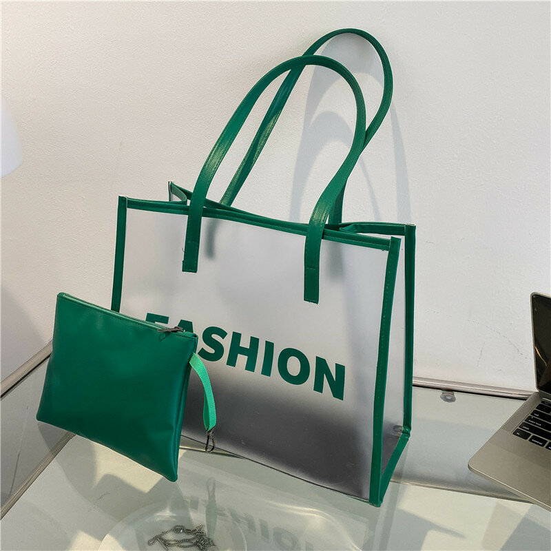 Nieuwe Grote Capaciteit Dames Brief Print Tote Bag Pvc Vrouwen Handtas Schoudertassen Mode Transparante Strand Shopper Bag