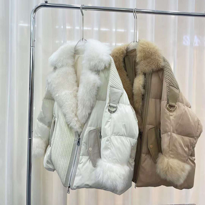 2023 New High-End Cashmere Real Fur Collar Fur Down Jacket Women's Loose Warm Goose Down Jacket Combination Fur Winter Coat