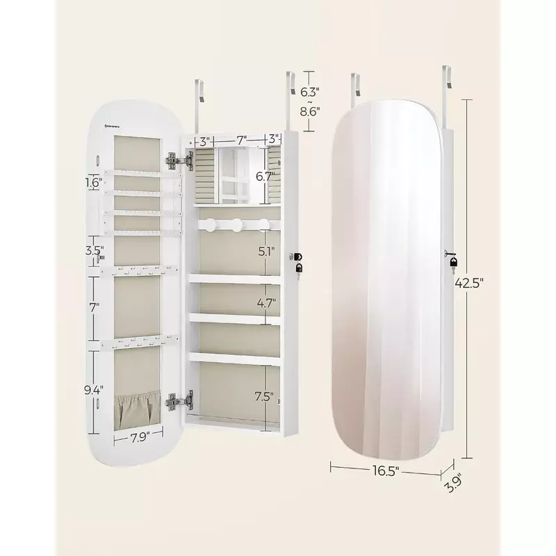 Organizador de joyas, espejo LED montado en la pared o en la puerta, espejo ancho redondeado bloqueable con almacenamiento, espejo Interior