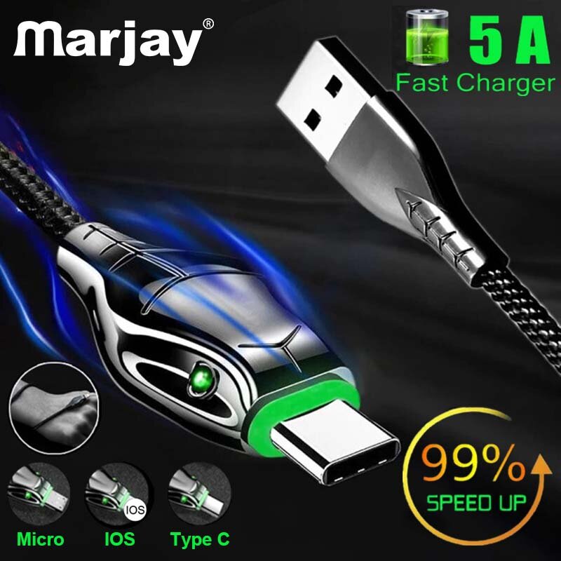 Зарядный кабель Marjay типа C 5A черный Mamba, кабель для быстрой зарядки Micro USB для Xiaomi, Samsung, Huawei, провод для Iphone 11, 12, 13
