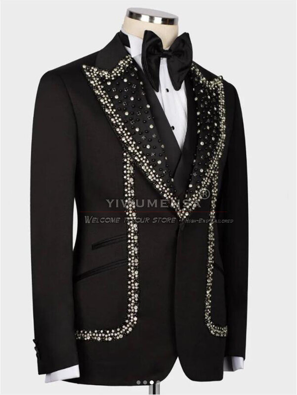 ビーズの結婚式のスーツ,カスタムメイドの黒のジャケット,ベスト,パンツ,ロードディナーの衣装,ダイヤモンド,クリスタル,ビーズ,3個