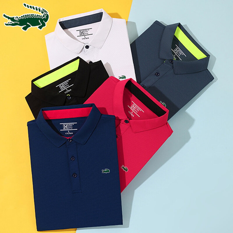 Camisa polo esportiva de golfe masculina, monocromática, manga curta, lapela listrada, bordada high-end, camiseta superior respirável, moda verão