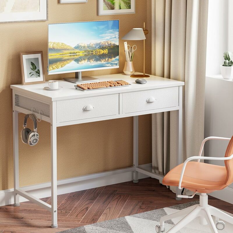 Meja Komputer Kecil putih dengan 2 laci kain, meja tulis kantor rumah sederhana, meja rias dengan kait, Meja belajar f