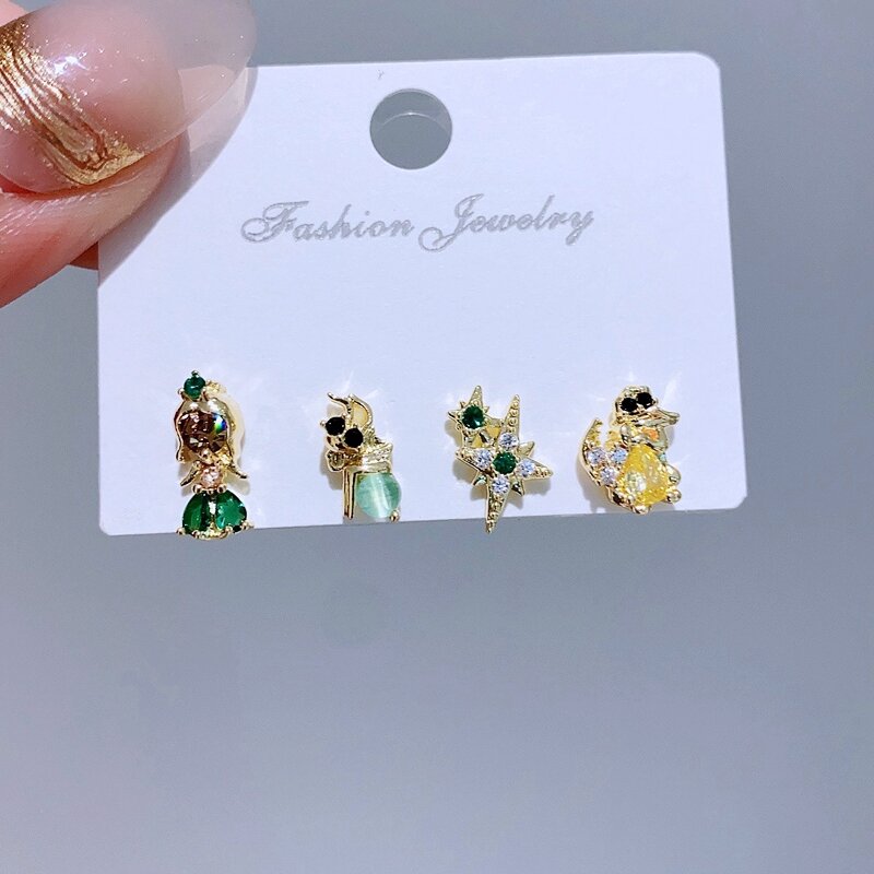 4pcs/set Small Cartoon Sweet Princess Stud Earrings Gold Color Women Girls Cubic Zircon Gift Jewelry