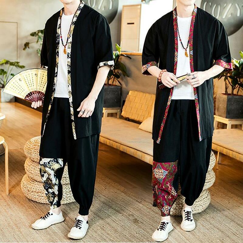 Chińska chińska męska letnia cienka koszula i spodnie Kimono 2 sztuki sweter strój Tang Retro japońskie Kimono szata garnitur Casual zestawy ubrań