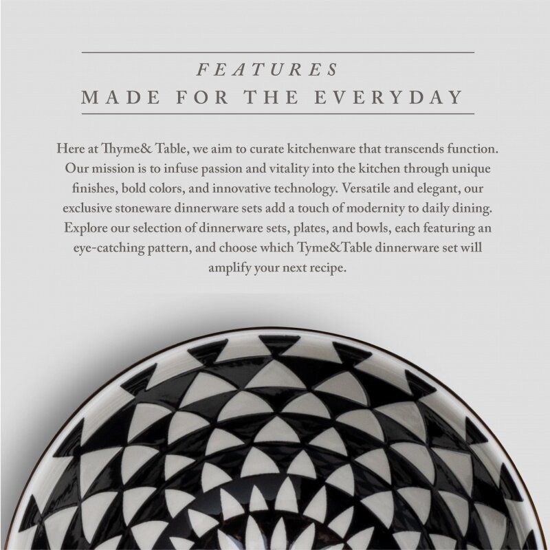 Thyme & alat makan meja hitam & putih, mangkuk Stoneware Medallion warna hitam & putih, 4 pak