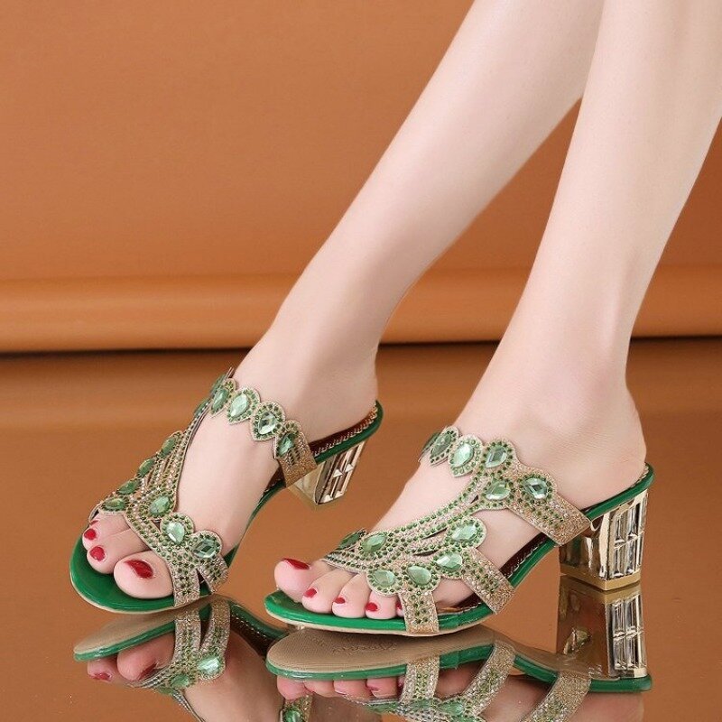 Summer New Sandals Water Diamond Women's Shoes Thick Heel Sandals Slippers High Heel Slippers Large Size Women's Shoes