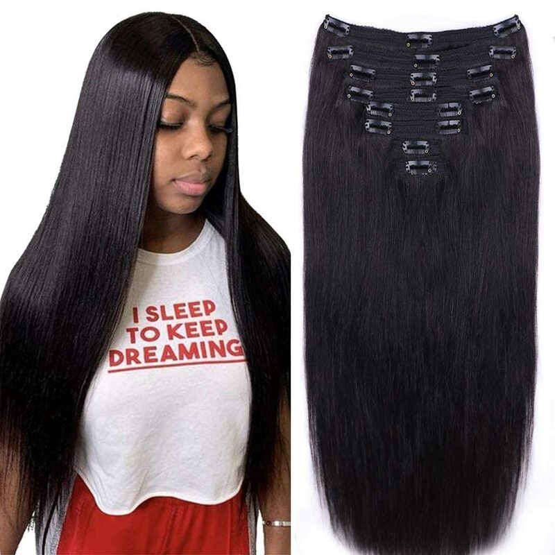 Extensiones de cabello humano con Clip recto para mujeres negras, cabello virgen brasileño, cabello negro Natural, cabeza completa, 26 pulgadas