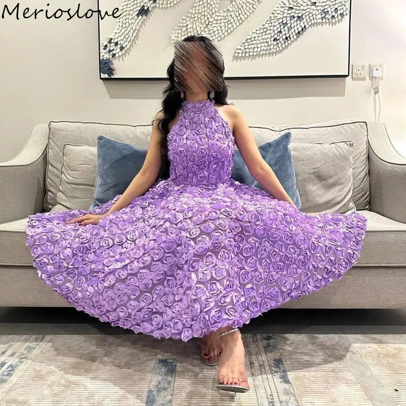 Merioslove-vestido de noite sem mangas para mulheres, elegante, com flores 3d, colar halter, plissado, ruched, linha a, árabe saudita, para festa, 2021