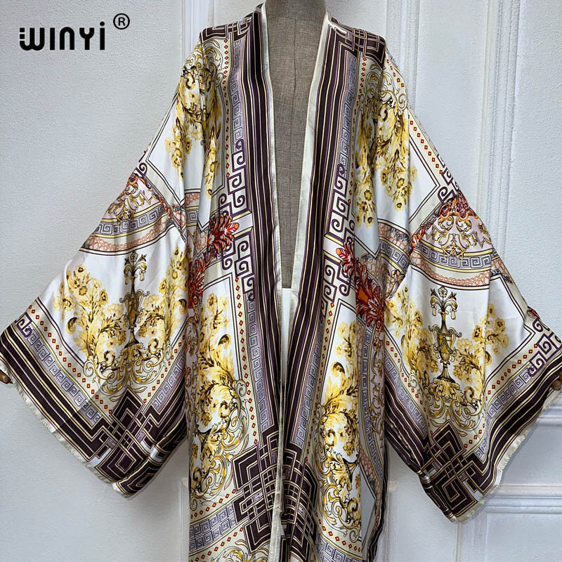 WINYI-Vestido elegante de quimono feminino, estampado africano, moda praia boho, cardigã, roupas de praia, roupas luxuosas do feriado, Dubai, verão