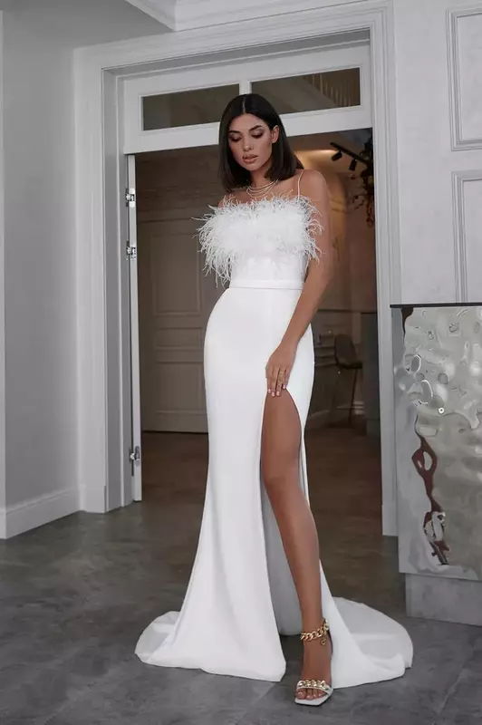 Sexy Meerjungfrau Hochzeits kleid rücken frei italienisches Schulter band mit Händen und Federn plus Größe Strand Auditorium Brautkleid neu