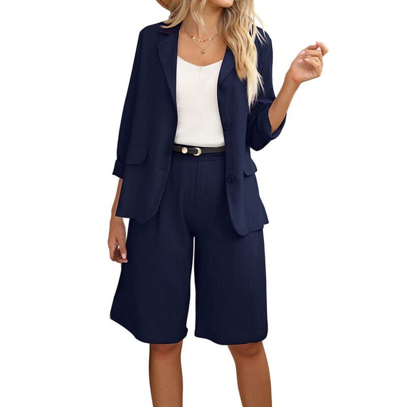 Elegant Wide Leg Turn-down Collar Business Trip Women Business Outfit OL Style Lady Coat Shorts Set Female Clothes