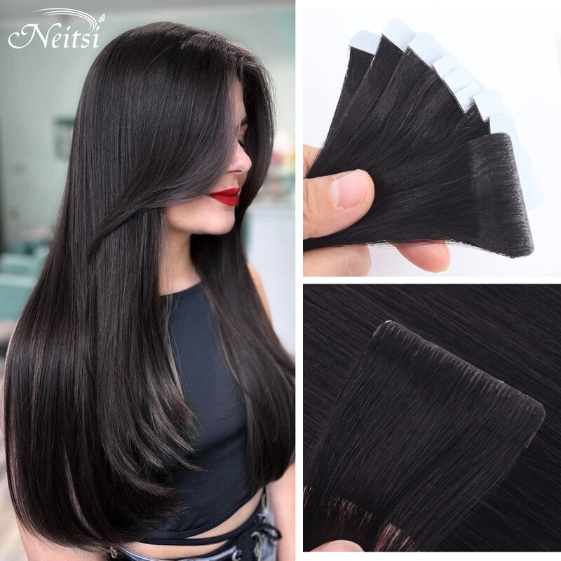 Neitsi-人間の髪の毛のエクステンション用の目に見えないテープ,波状,茶色,シームレス,自然な注入
