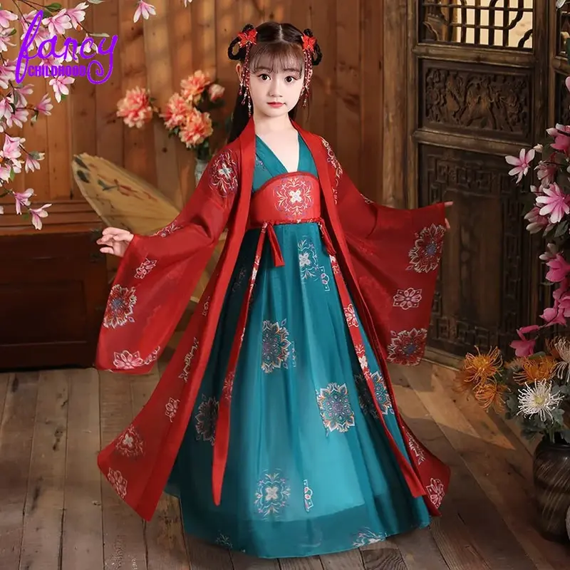 Terno chinês Tang para meninas, hanfu infantil, fantasia antiga, super fada, princesa, estilo palco