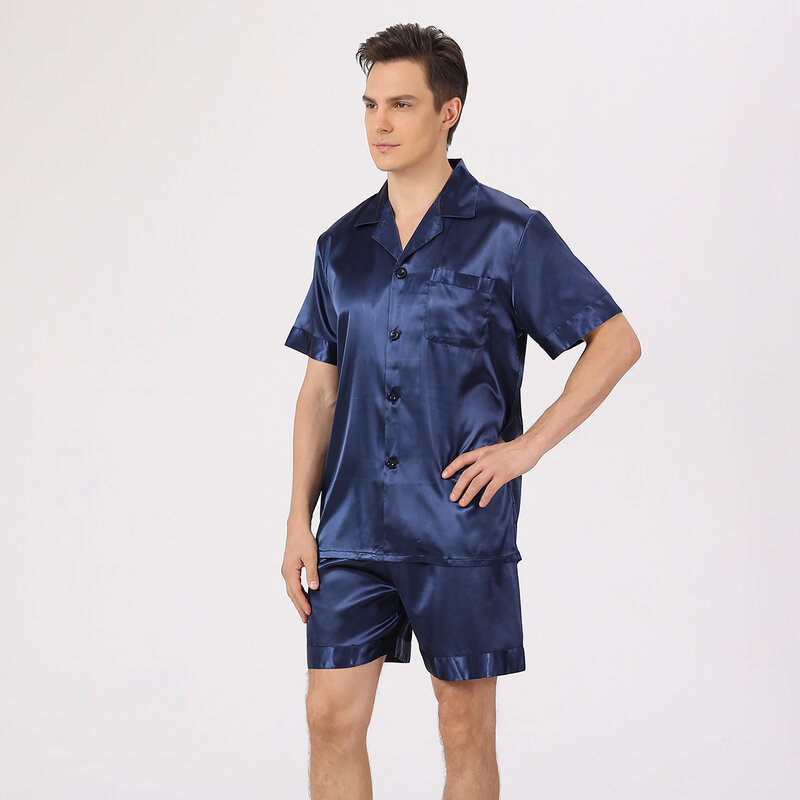 Schwarze Homewear Männer Pyjamas Anzug 2 Stück Hemd & Shorts Nachtwäsche Satin Kurzarm Outfit Nachtwäsche männlich lose Lounge wear Pyjamas
