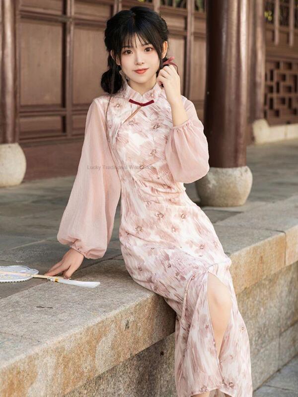 Chiński styl Hanfu suknia w stylu Qipao kobiet linia Qipao dziewczyna wdzięczna codzienna dama ulepszona szyfonowa suknia w stylu Qipao