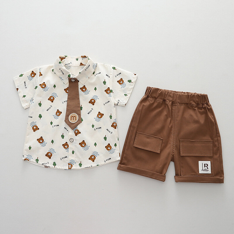 Western Baby Boys Boutique abbigliamento 2024 coreano Cartoon stampato colletto rovesciato camicie e pantaloncini a maniche corte Set completo da ragazzo